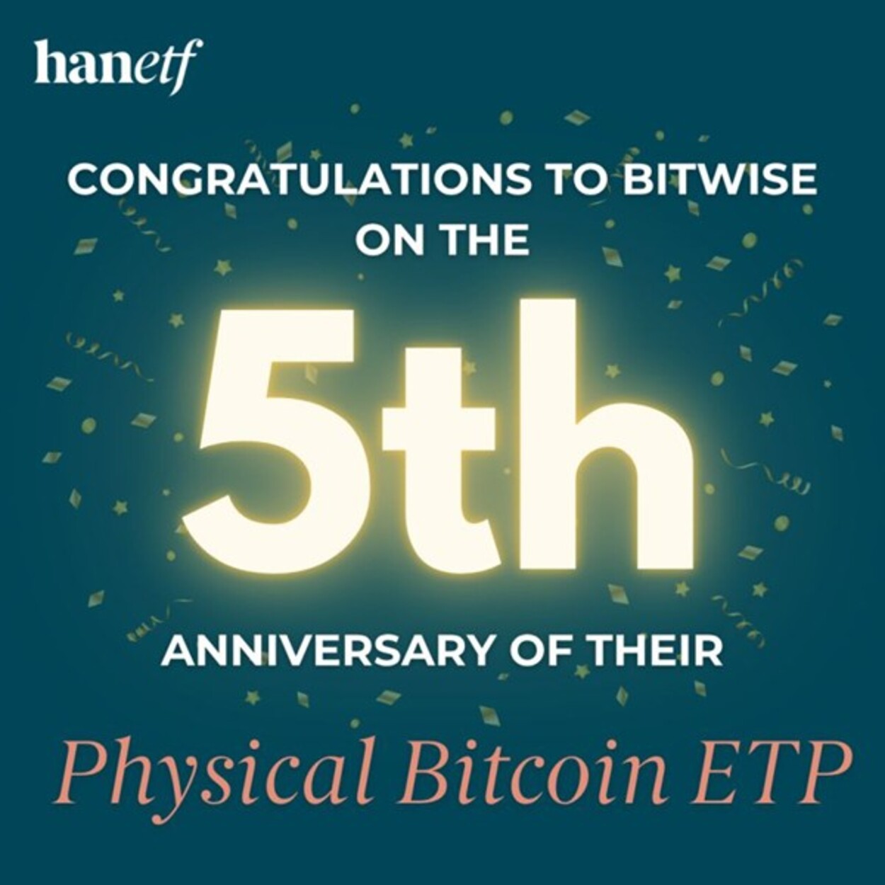 Grattis till Bitwise Europe på femårsjubileet för deras fysiska Bitcoin ETP – Europas första centralt clearade Bitcoin ETP, första Bitcoin ETC på Xetra, och fortfarande den mest likvida.