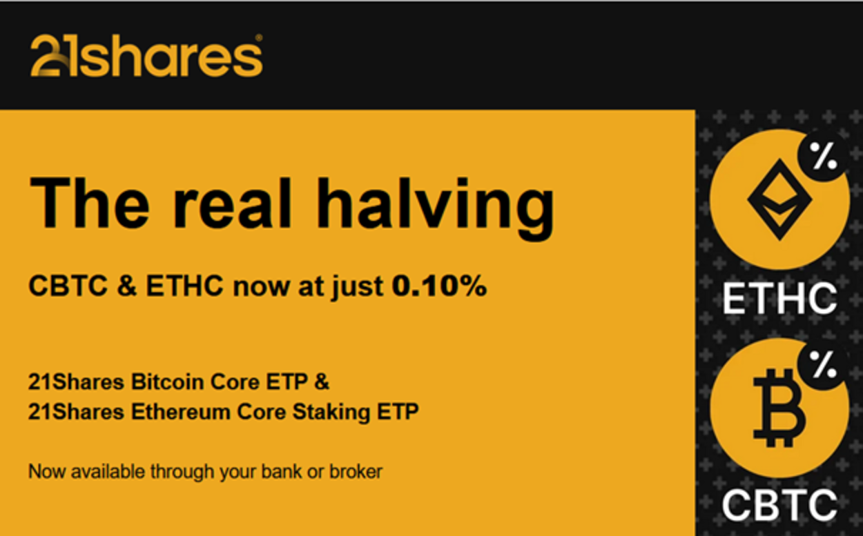 CBTC och ETHC nu på endast 0,10 % 21Shares Bitcoin Core ETP och 21Shares Ethereum Core Staking ETP Nu tillgängligt via din bank eller mäklare