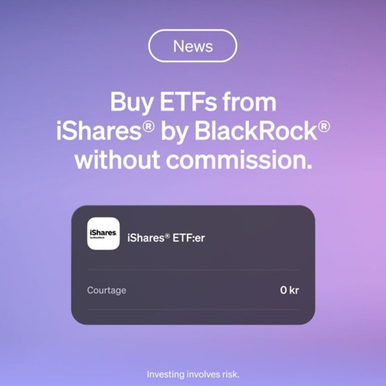 SAVR har tagit ett stort steg mot att bygga det mest övertygande ETF-erbjudandet på marknaden: iShares® ETF:er från BlackRock®, en ledande global kapitalförvaltare, finns nu tillgängliga på SAVRs plattform – vilket ger dig tillgång till över 400 iShares® ETFer, alla med courtagefria köpordrar.