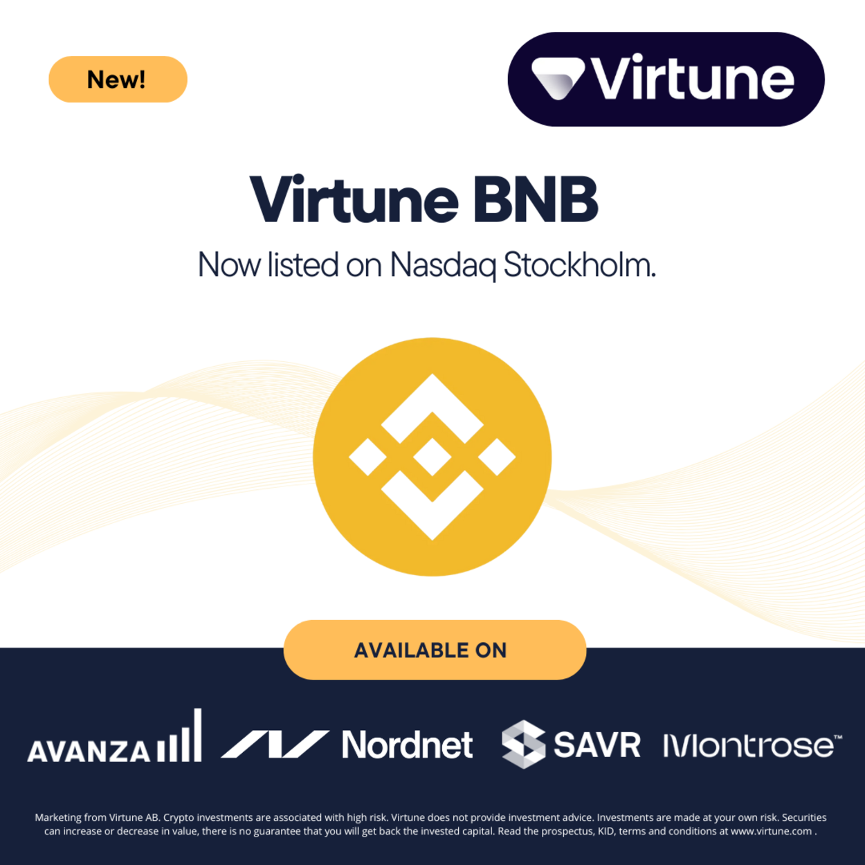 Virtune BNB ETP (VIRBNB ETP) med ISIN SE0027598202, är en fysiskt backad börshandlad produkt (ETP) som är utformad för att erbjuda investerare ett säkert och kostnadseffektivt sätt att få exponering mot BNB. Detta möjliggörs genom en transparent och fysiskt backad struktur med institutionell säkerhetsnivå.